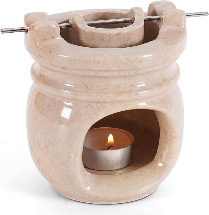 Marble Essential Oil Burner for Scented Oil 4.5 Inch Beige Wax Melt Warmer & Tealight Candle Holder for Home Decor, Stone Aromatherapy Diffuser for Office and Room Fragrance