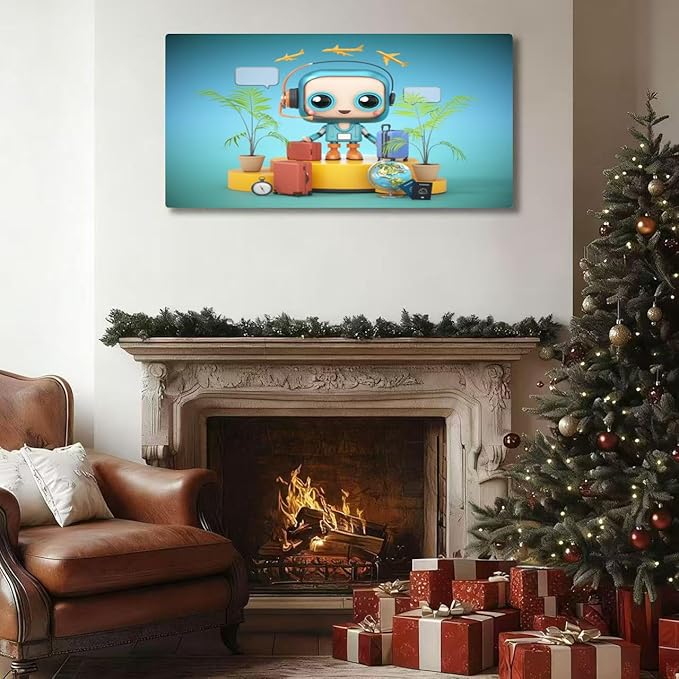 Wibinuki Wall Art Wall Decor Wall Paintings A cheerful travel-themed character stands surrounded luggage for Living Room Bedroom Bathroom Home Decor Can Be Hung Directly 20"x 40"