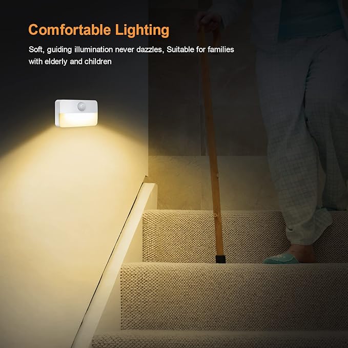 【4 Pack】 Motion Sensor Night Light, Stick-On Motion Sensor Lights Indoor, Battery Powered Under Cabinet Kitchen Lights with Adhesive Pads, Auto/On/Off for Cupboard Wardrobe Stair Kitchen- Warm White