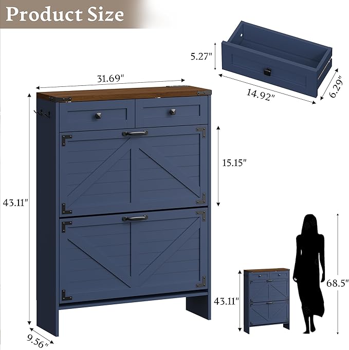 Shoe Cabinet with Odor Control Deodorizer and Back Panel, Farmhouse Narrow Shoe Storage Cabinet Rack for Entryway with 2 Flip Drawers and 2 Top Drawers, Adjustable Shelves, Side Hooks