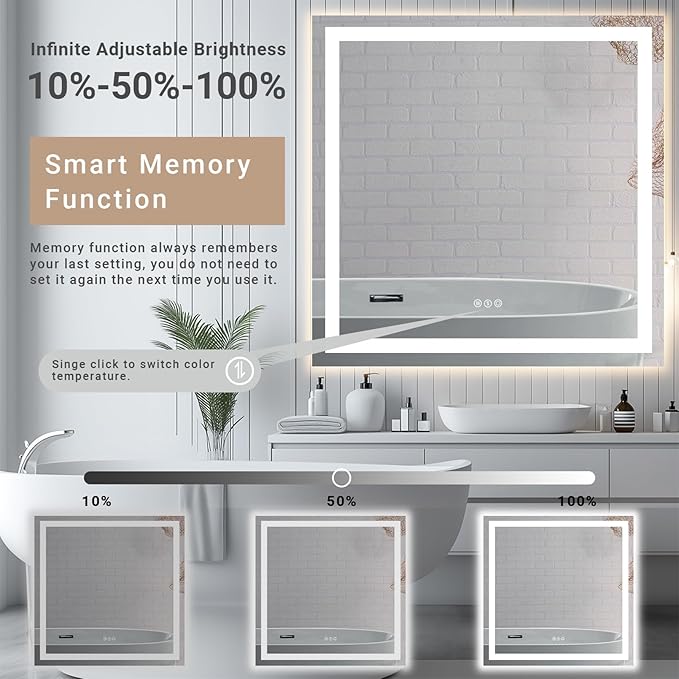 36"x 36" LED Bathroom Mirror with Stepless Dimmable, Backlight Wall Mirrors with Anti-Fog Bathroom Digital Mirror for Wall, 3 Color Modes, Memory Function Smart Mirror