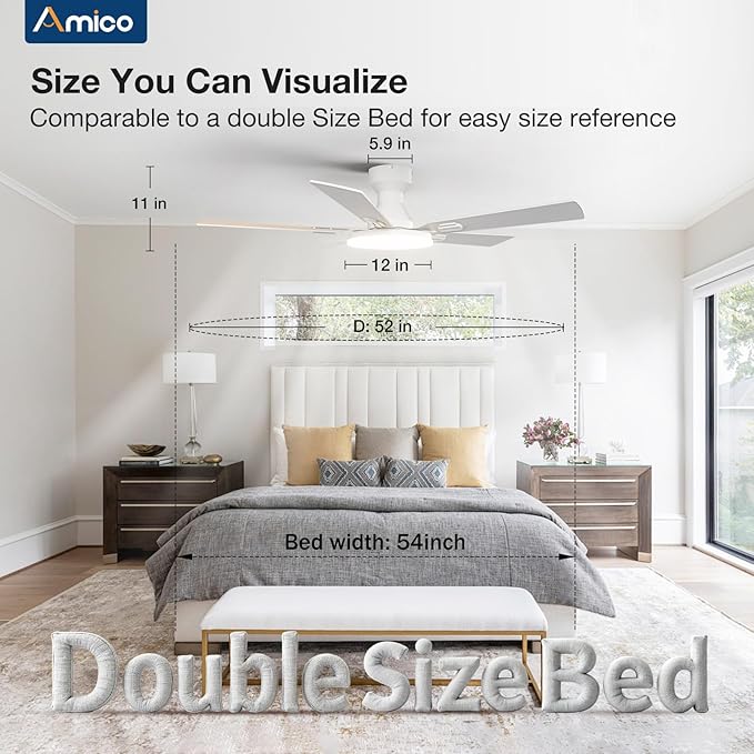 Amico Ceiling Fans with Lights, 52'' Smart RGB Ceiling Fan with Remote/APP/Alexa Control, Flush Mount, Reversible DC Motor, 5 Blades, 6 Speeds, 3CCT, Dimmable, Noiseless, Bedroom, Living Room, White