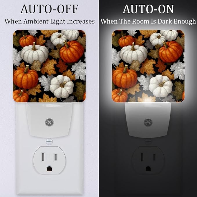 2 Pack Thanksgiving Orange and White Pumpkins a LED Night Light with Dusk-to-Dawn Sensor for Bedroom, Bathroom, Kitchen, Hallway, Stairs, Smart Night Lights Plug into Wall Auto on Off for Kids, Adults