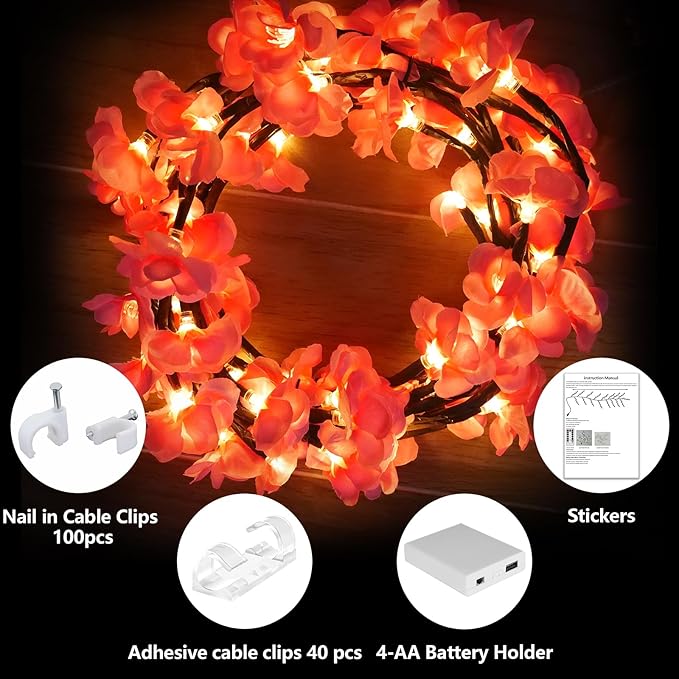 Cherry Enchanted Willow Vine Lights, 4FT 48LED 1PCS Pink Cherry Blossom Tree Branch Lights for Wall, Remote Timer,8 Light Model,Bedroom Wall Doors Wedding, Christmas, USB Battery Box
