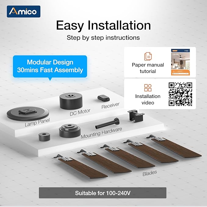 Amico Ceiling Fans with Lights, 52 inch Smart Ceiling Fan with Remote/APP/Alexa Control, Downrod Mount, Reversible DC Motor, 5 Blades, 6 Speeds, 3CCT, Dimmable, Noiseless, Bedroom, Living Room, Black