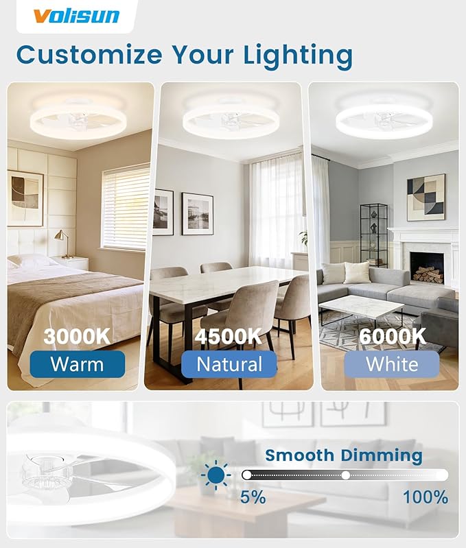 VOLISUN Low Profile Ceiling Fans with Lights and Remote, 20in Fandelier Ceiling Fan Flush Mount, 3000K-6500K Smart Bladeless LED Fan Light, White Modern Ceiling Fans with Lights for Bedroom