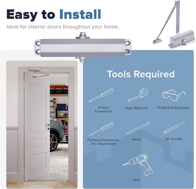 Automatic Door Closer (Silver), FS-1306 Residential Hydraulic Auto Door Closer, Grade 3 Self Closing Spring Hinge, UL Listed & ADA Soft Closers No Slam, for Home & Interior Garage Doors Closure