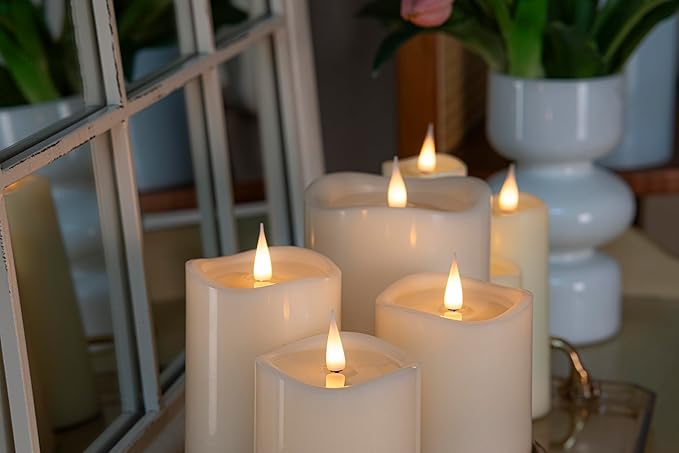 Flameless Pillar Candles Flickering with Remote Timer, Battery Operated LED Candles Up to 400 Hours, 3D Moving Flame Real Wax Candles. (Ivory with Art Water)
