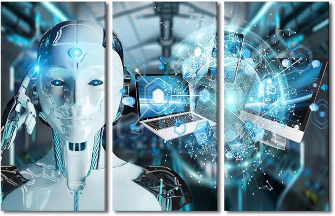 3 Pieces Canvas Wall Art AI Intelligence Picture Black Paintings for Wall Decorations Data Analysis Modern Artwork Stretched Canvas Prints Robot Posters and Prints Framed Ready to Hang, 60"Wx40"H
