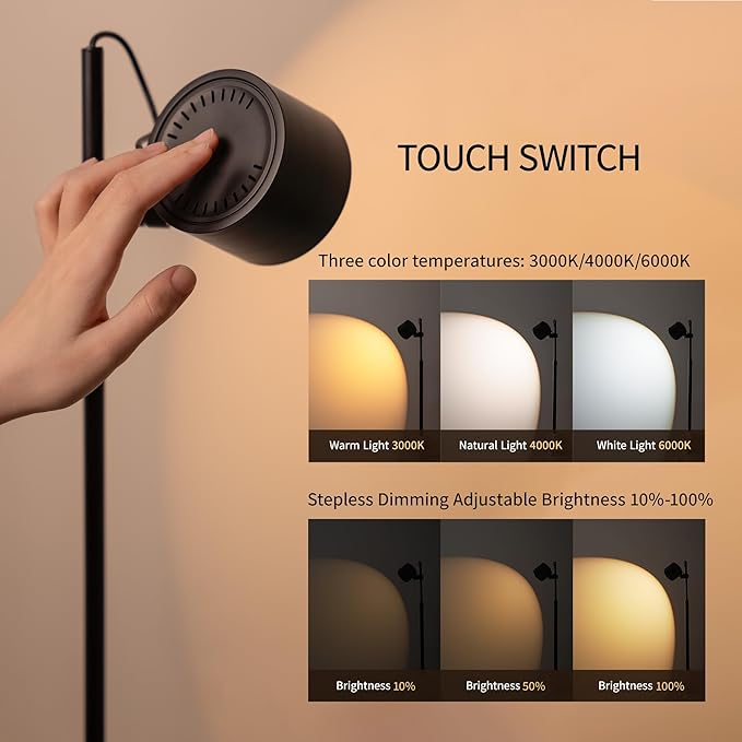 Aisilan Adjustable LED Floor Lamp with Touch Control, Dimmable 3000K-6000K Light for Living Room, Height Adjustable Pole & 350° Rotatable Head, Modern Black Standing Lamp for Bedroom Reading