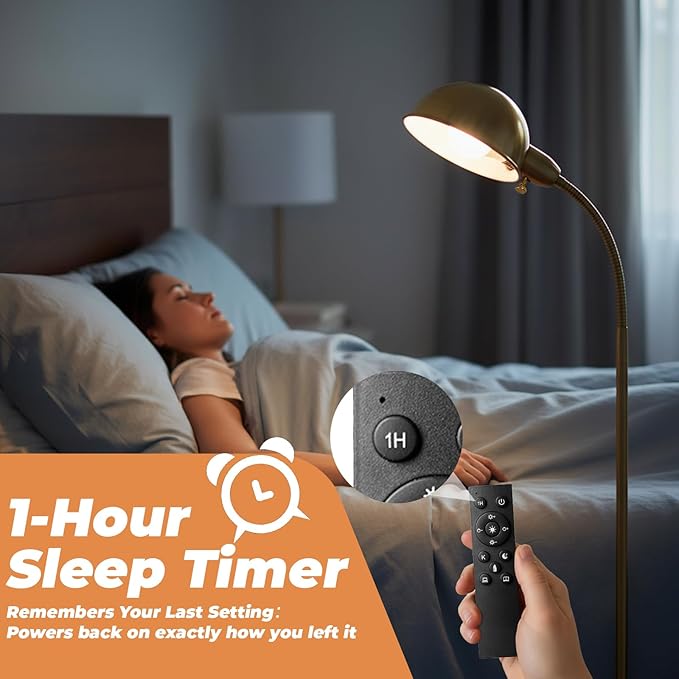 Dimmable Floor Lamp with Remote, Color Temperatures and Brightness Adjustable, Flexible Floor Lamp with Rotating Head, Modern Style Standing Tall Lamp, E26 Socket (Gold-Remote)