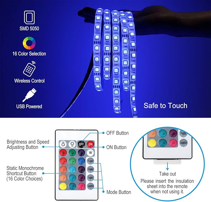 3M 10FT RGB LED Strip Lights, IP65 Waterproof Colored USB TV Backlight with Remote, 16 Color Changing 180 5050 LEDs Bias Lighting for HDTV, Multicolor for TV PC Background Lighting, No Adapter