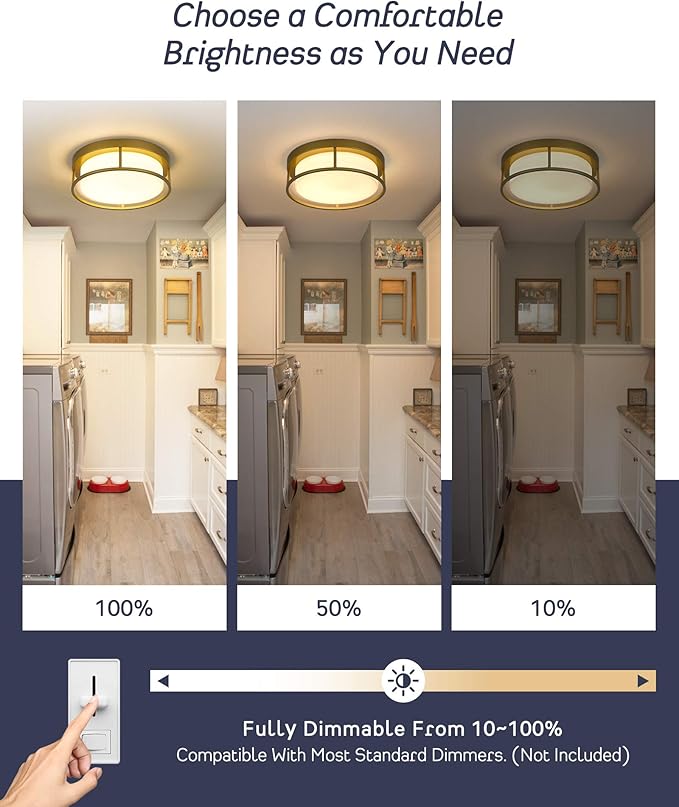 CALDION LED Ceiling Light Fixture, 12 Inch 24W 950Lumens Flush Mount Light Fixture, Dimmable 3000K, Gold Finish with Opal Frosted Glass, Round Close to Ceiling Lights for Bedroom, Kitchen