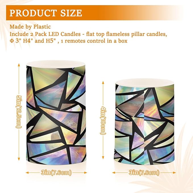 Iridescent Triangles Abstract Flameless Candles Color Changing LED Candles with Remote Control Battery Candles for Outdoor and Indoor Home and Room Decoration, 3'' x 4''/5'' Set of 2 Pieces