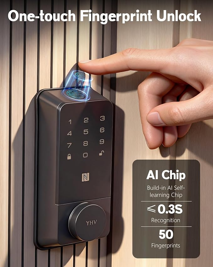 Smart Door Lock with Apple Home Key, Fingerprint Keyless Entry Door Lock Safety Keypad Deadbolt with Code, Built-in Wi-Fi, IP65, Supports Apple Homekit, Alexa, Google for Front Door or Back