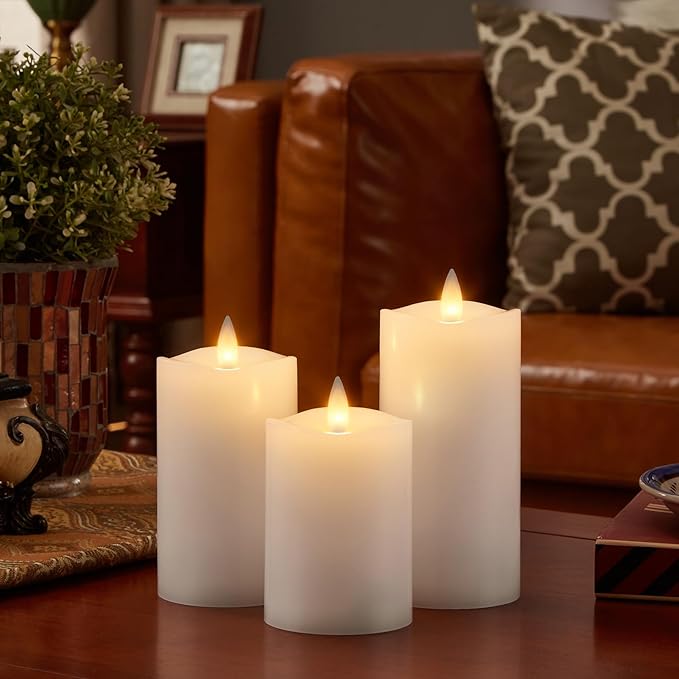Flameless Pillar Candles Flickering with Remote Timer, Battery Operated LED Candles Up to 400 Hours, 3D Moving Flame Real Wax Candles. (White Melted Top)