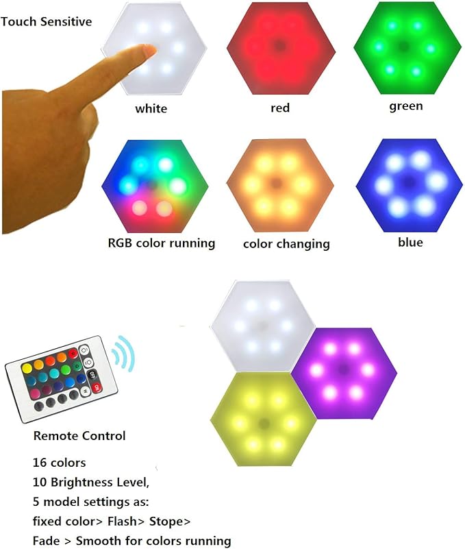 QLEE Smart Hexagon LED Lights Remote DIY Geometry Hex Light Touch Sensitive RGB Colorful Wall-Mounted Panels Puck Light for Bedroom Living Room Hallway Party Celebration Decor Night Light (3 Pack)
