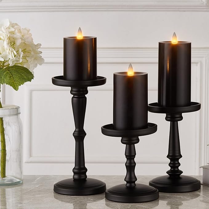 Flameless Pillar Candles Flickering with Remote Timer, Battery Operated LED Candles Up to 400 Hours, 3D Moving Flame Real Wax Candles. (Black)