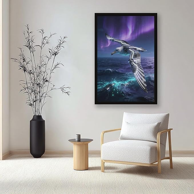 Framed Steampunk Mechanical Seagull Wall Art - Aurora Ocean Retro Poster for Bedroom Game Room Decor 12x18in