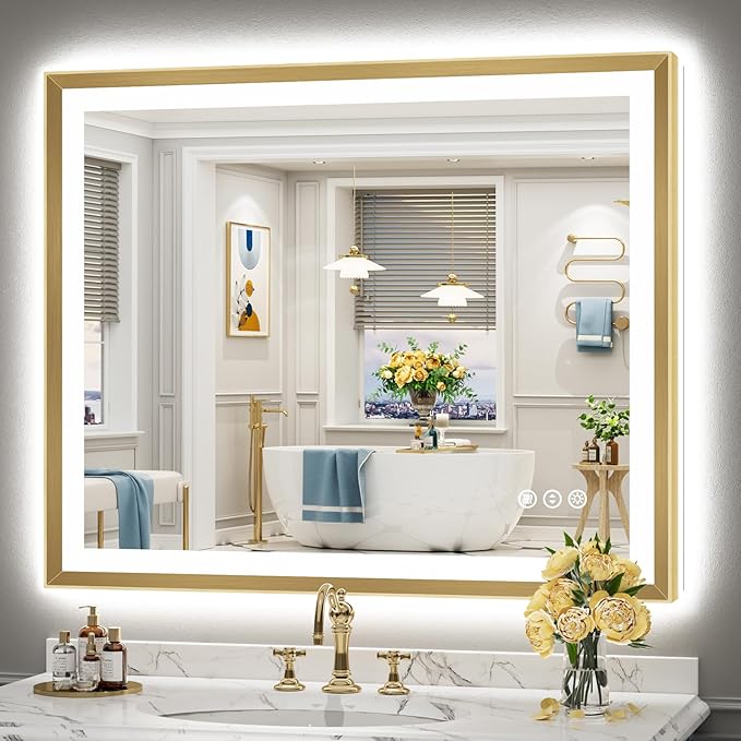 44x36 Gold Beveled LED Bathroom Mirror with Lights, Brushed Gold Framed Backlit and Front Lit Anti-Fog Lighted Vanity Mirrors for Bathroom Wall, Dimmable, 3 Colors, Memory, HD Tempered Glass
