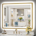 44x36 Gold Beveled LED Bathroom Mirror with Lights, Brushed Gold Framed Backlit and Front Lit Anti-Fog Lighted Vanity Mirrors for Bathroom Wall, Dimmable, 3 Colors, Memory, HD Tempered Glass