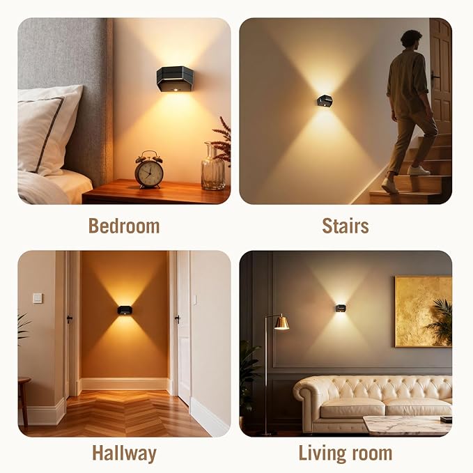 B-right Motion Sensor Wall Lights, 2 Pack Rechargeable Battery Operated Wall Sconce LED Wall Lights Indoor Brightness Adjustable, Wall Lamp with Remote Control for Bedroom, Stairs, Hallway