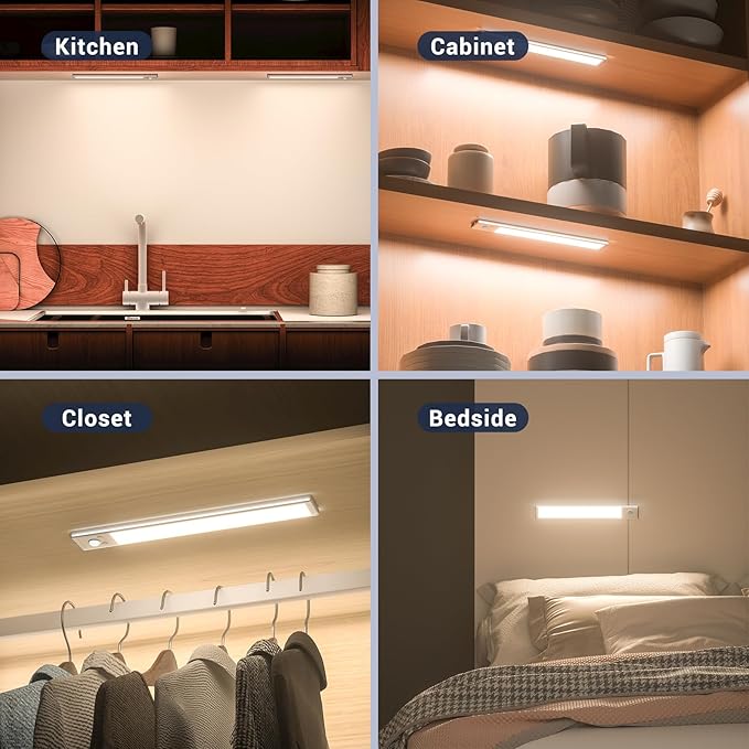 Under Cabinet Lights, 88 LED Motion Sensor Light, 2200mAh USB Rechargeable, Magnetic Dimmable Closet Lights, 3 Color Temperature, 2 Pack for Kitchen, Stairs, Closet (12inch-2Pack)