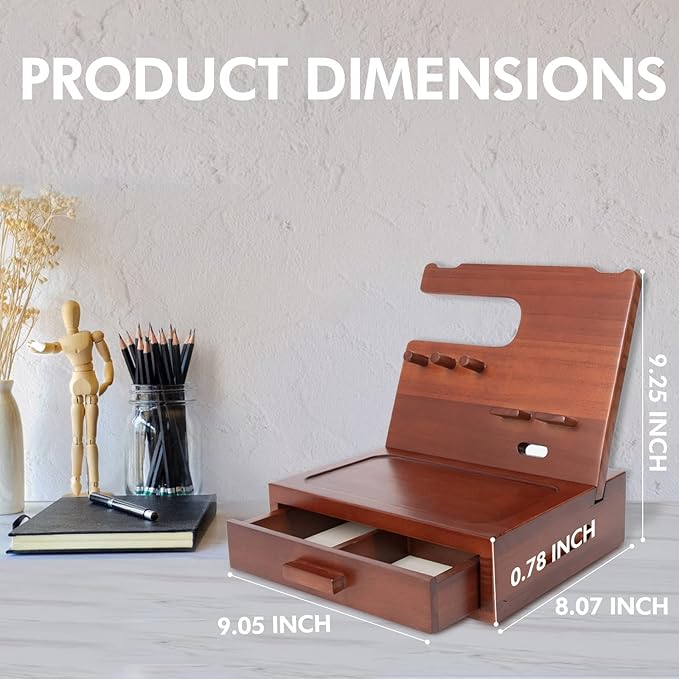 Solid Wood Nightstand Organizer, Docking Station, Gifts for Men, Made of Cedar, Versatile Bedside Table Organizer for Cellphone, Watch, Headphone, Keys Walnut wood