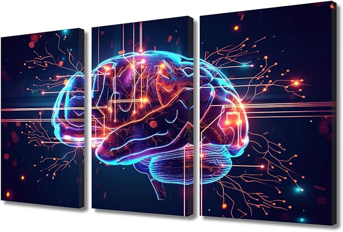TUMOVO Artificial Intelligence, Cyber Security, Cloud Managed, Circuit Board Pictures Print on Canvas 3 Panel Canvas Wall Art AI Brain Cloud Networking Artwork Ready to Hang, 36" Wx24 H
