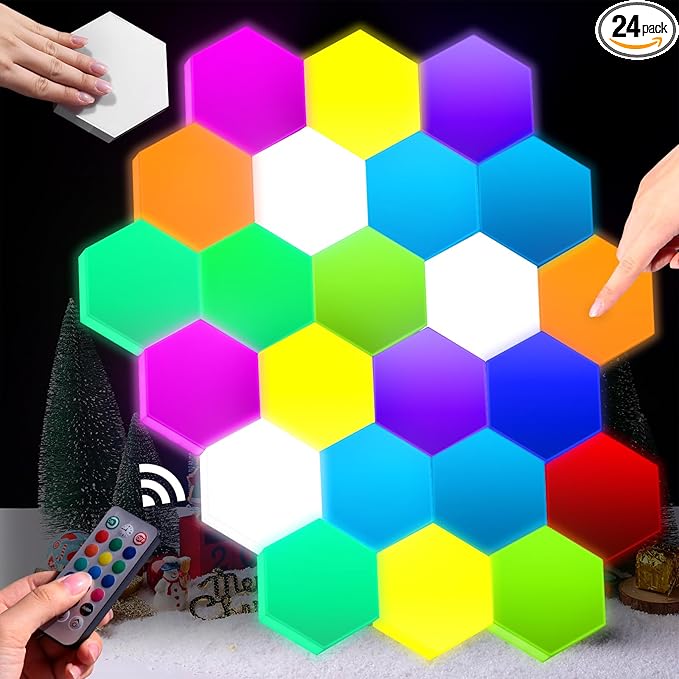VIHOSE 24 Pcs Hexagon Touch Lights Smart LED Hexagon Wall Lights with Remote 13 Colors Sensitive DIY Modular Assembled RGB Wall Panels Light with USB-power for Autism Gift Game Party Decor