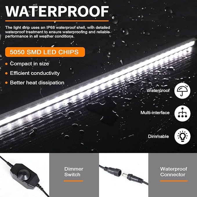 12V LED Interior Light Bar Kit Dimmable IP67 Waterproof Camping String Lights, 2 Bars White & 2 Bars Amber Aluminum Magnetic Mount Exterior Lights for RV, Camping Tent,Car