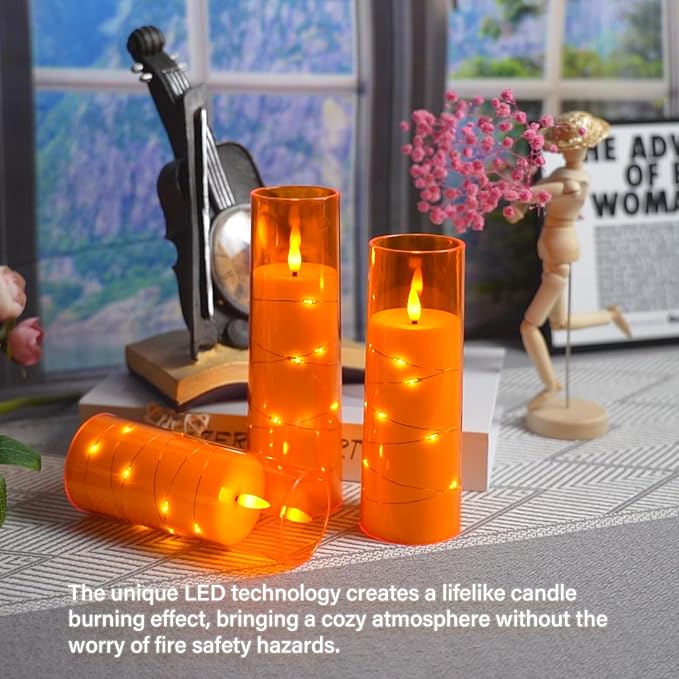 Flameless Candles with Embedded Star String, Battery Operated LED Pillar Candles with Timer and Remote Control,Home Decorating for Ambiance, Set of 7 (Orange)