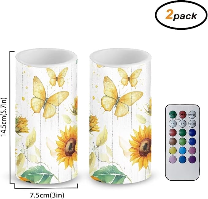 Butterfly Sunflower Flameless Candles 2 Pack 6 x 3 inch Battery Operated Candles with Multicolor Timer Remote Control LED Fake Candles for Warm Light Dinner Table Home Decor