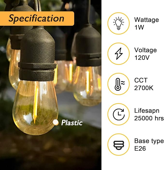 Jslinter 15 Pack Edison Bulb String Lights Outdoor, S14 Replacement Bulbs for Outdoor String Lights Waterproof 1W, E26 Base Led Light Bulb, 2700K Warm White Light Bulbs for Patio