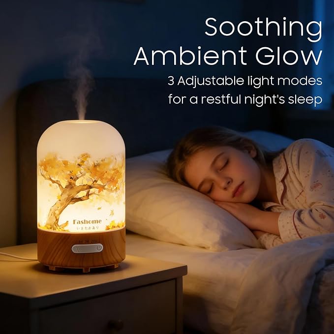 Hand Blown Glass Essential Oil Diffuser, 100ml Small Ultrasonic Aromatherapy Mist Maker for Home, Bedroom, Office, Auto Shut-Off, Cool Mist Humidifier with Warm White Light