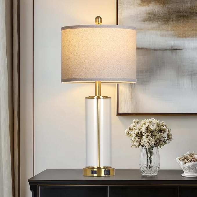 26" Glass Table Lamp Single, 3-Way Dimmable Touch Control Living Room Lamp with USB C+A Ports & AC Outlet, Modern Bedside Lamps, Bedroom Lamps for Nightstand Side End Table Desk, Gold-1PK