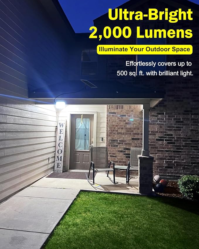 Dusk to Dawn Flood Lights Outdoor,2000 Lumen LED Security Motion Sensor Light with Remote Control for Outside,6500K Bright Illumination,Solar Rechargeable Lights for Porch, Yard,Garden, Wall (5000MAH)