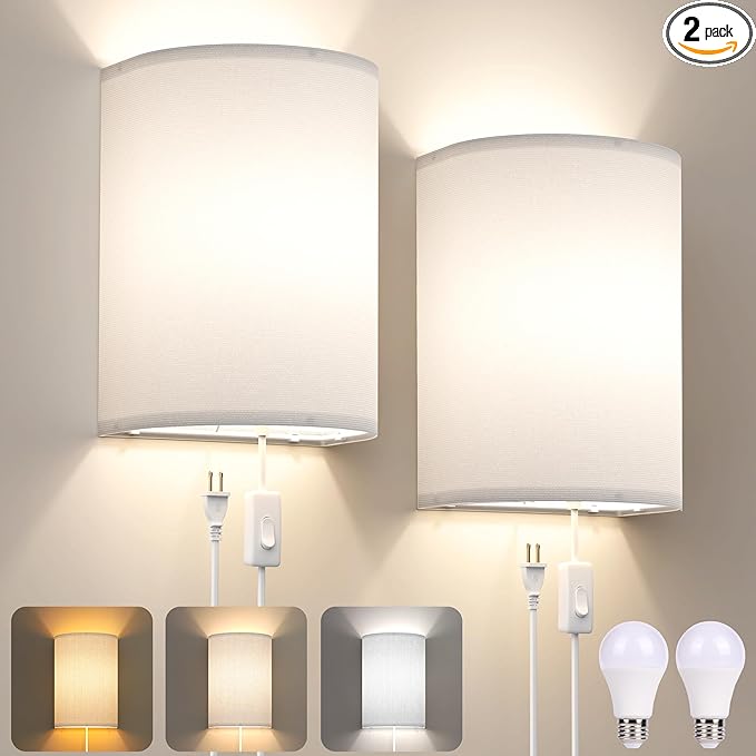 Plug in Wall Sconces Set of Two: Wall Lights with On/Off Switch - Stepless Color Temperature Wall Mount Lamps - Fabric Linen Wall Sconce for Bedroom Living Room & Hallway- Indoor Corded Wall Sconces