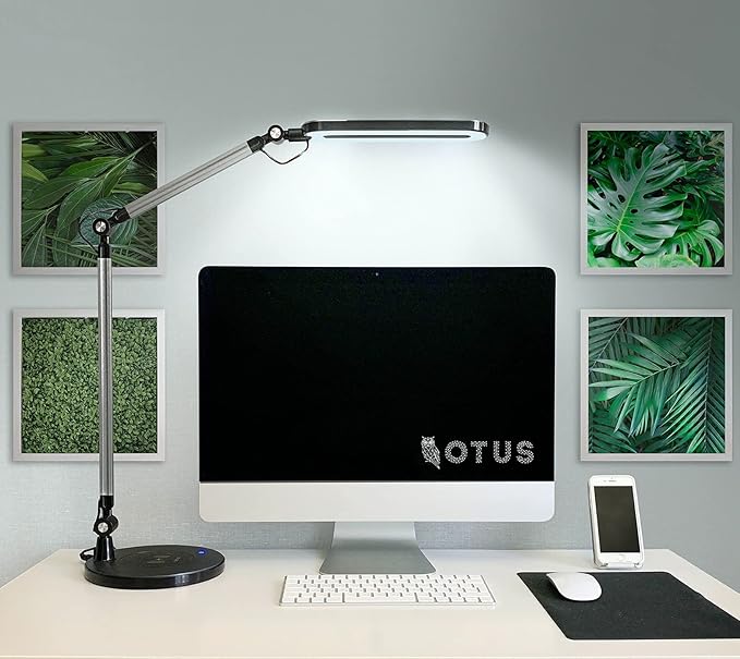 OTUS LED Architect Desk Lamp for Home Office with Wireless Charger, Adjustable Swing Arm, 32 in Tall, 11.8 in Panel, 3 Color Modes, 12 Dimmable Levels, Eye-Caring for Reading, Study, Video Calls