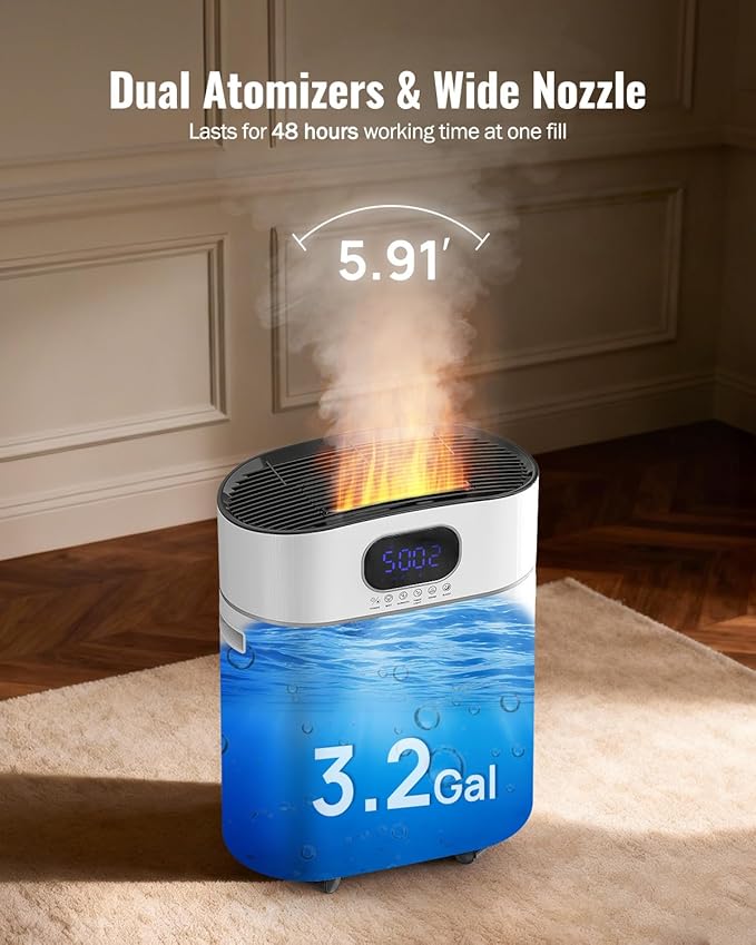 Humidifier Large Room Warm and Cool Mist, 3.2Gal/12L Humidifiers for Home 800 sq ft, Air Humidifiers for Bedroom with Diffuser & Flame Light, Whole House Humidifiers for Nursery Baby Plants, White