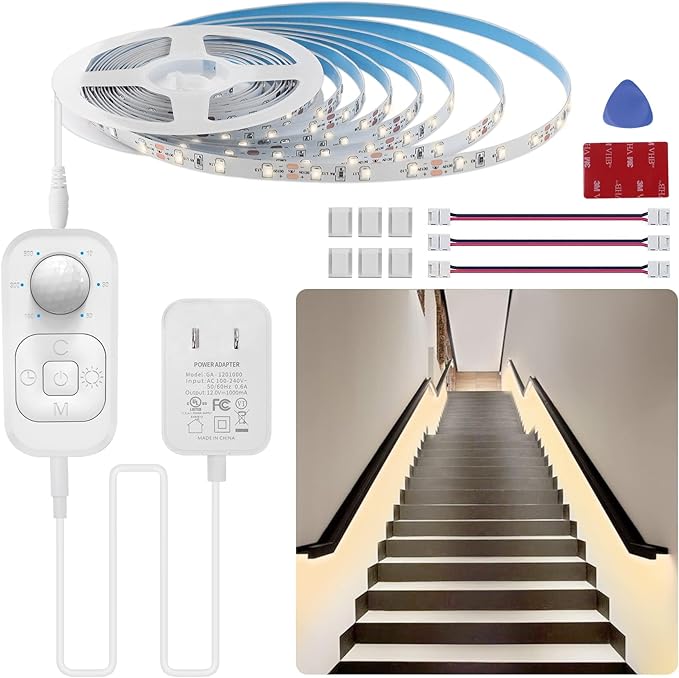 Motion Sensor Lights Indoor Plug-in LED Step Lights Strip with Power Timer Dimmer Multi-Functional Controller for Stairway Kitchen Cabinet Bedroom Corridor Washroom Counter Shelf Showcase