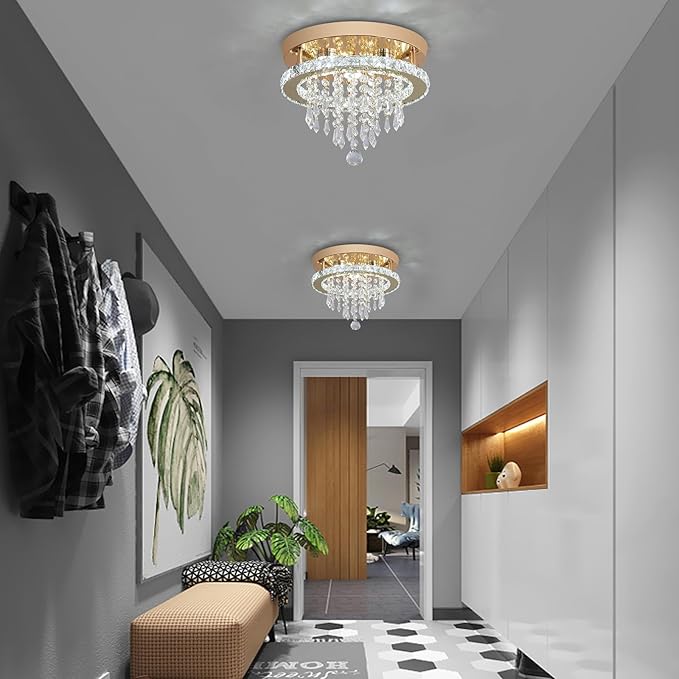 Deckrico Modern Gold Crystal Chandelier 11.8" LED Ceiling Light, Flush Mount Lighting Fixture for Bedroom, Hallway, Kitchen, Dining Room – Cool White
