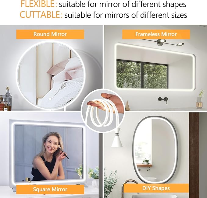 Flexible Vanity Light Strip LED Vanity Lights for Mirror Dimmable Mirror Lights for Makeup Cuttable 6.5ft Makeup Light Strip 6500K Daylight for Dressing Table, Bathroom Mirror, and DIY Mirror