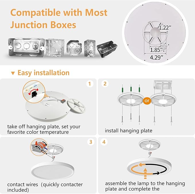 4PK 12 Inch LED Flush Mount Ceiling Light, 24W, 2520LM, 3000K/4000K/6000K CCT Selectable Super Slim LED Ceiling Light, Close to Ceiling Round Flat Panel Light for Hallway, Bedroom,Kitchen ect