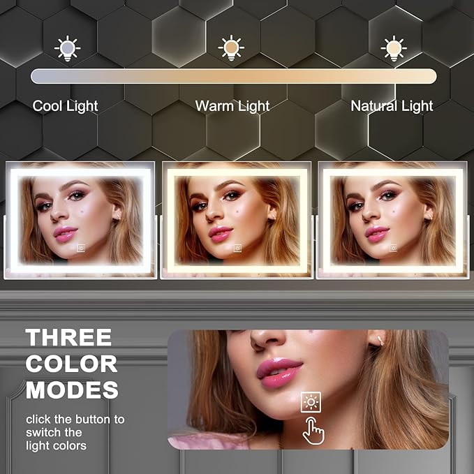 14 Inch LED Vanity Makeup Mirror with Lights, Large Metal Frame Lighted Tabletop Mirror with 3 Color Dimmable Touch Control, 360° Rotation for Bedroom Dressing Table
