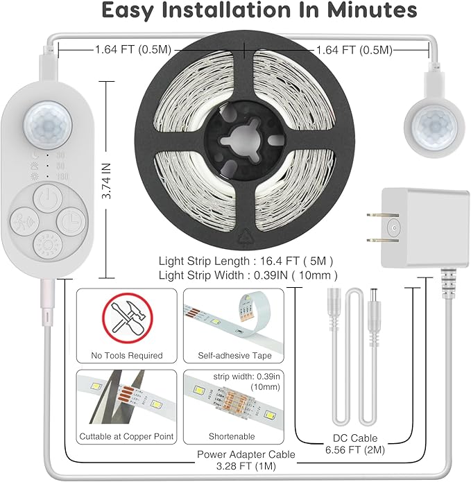 Dual Motion Sensor Light Indoor - Plug-in Motion Activated Step Stair LED Strip with Double Sensors, Dimmer and Timer for Stairway, Bedroom, Corridor (Warm White 3000K 16.4FT Light Strip)