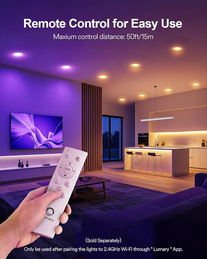Lumary Smart Recessed Lighting 4 Inch, Color Changing LED Downlight 9W 780LM, Wi-Fi Bluetooth Soffit Lights with J-Box, Compatible with Alexa/Google Assistant/BT Remote, ETL Listed, 1 Pack