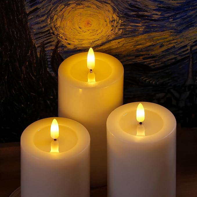 Remote Flameless Flickering Pillar Candles with Candle Grease Effect,Pack of 3 White LED Battery Oprated 2/4/6/8 Hours Timer Real Wax Electric Candles(3x4,5,6 Inches)