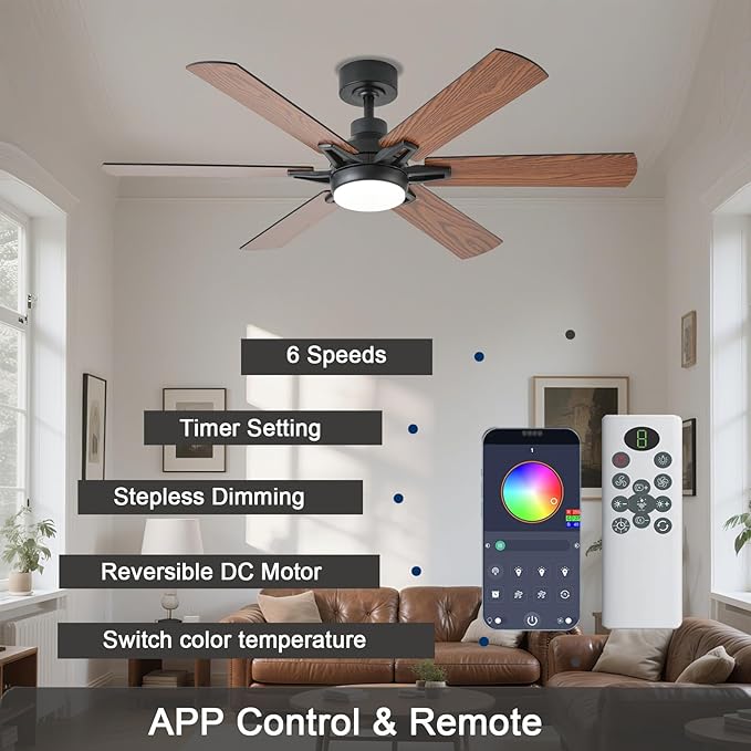 52in Ceiling Fans with Lights RGB Ceiling Fan with Light and Remote/APP Control,Low Profile Ceiling Fans with Lights for Bedroom,Living Room,Kids Room,3CCT Dimmable Modern Ceiling Fan, 6 Speeds,Brown