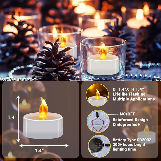 Battery Operated Tea Lights (24 Pack), Realistic Flickering Flameless Candles (200+ Hours), Soft Amber Glow for Home Decor, Dinner Party, Mother's Day Gift & Relaxation (Warm Yellow)